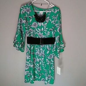 Green Floral Tiered Bell Sleeve Dress